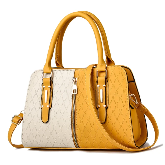 2025 Two-Tone Embossed Boston Bag Women, Geometric PU Leather Tote with Detachable Strap & Multi-Compartments