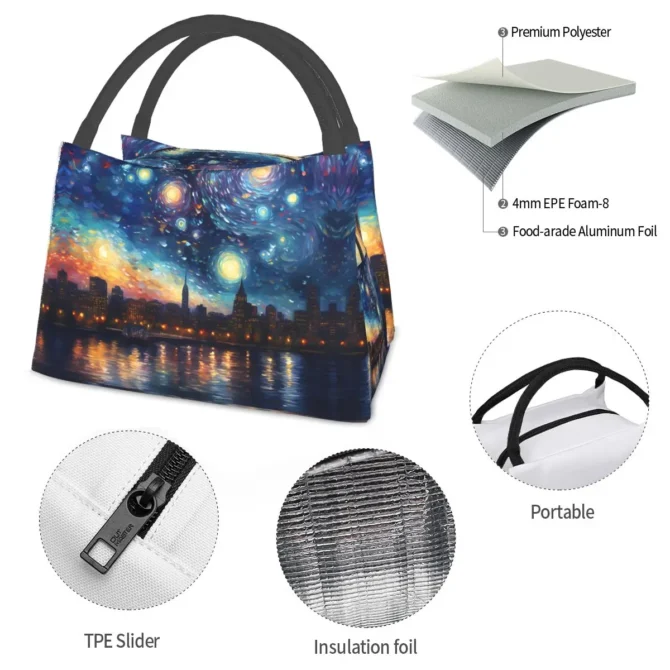 Starry Night Print Lunch Bag Boston Skyline Portable Lunch Box Travel Graphic Design Cooler Bag Fun Oxford Thermal Lunch Bags