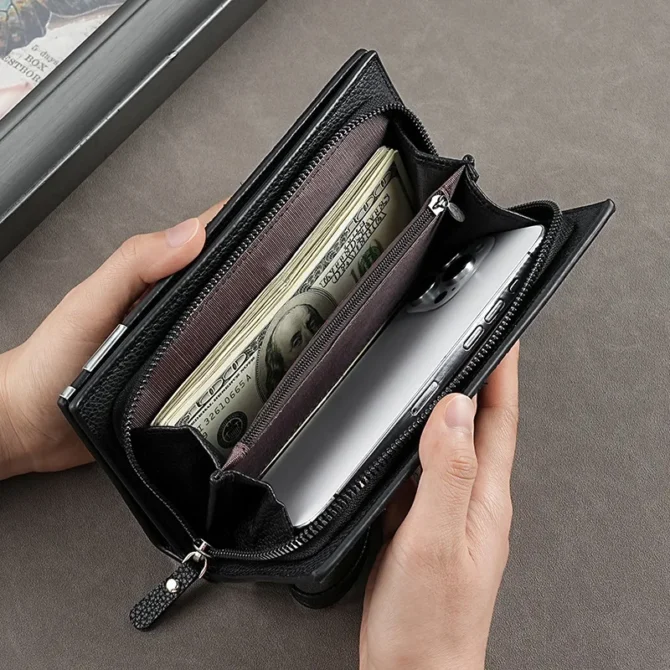 RFID Blocking Large Capacity Women's Purse, Solid Color, Soft Leather, Multi-functional Clutch Bag, Zipper, Men's Long Wallet