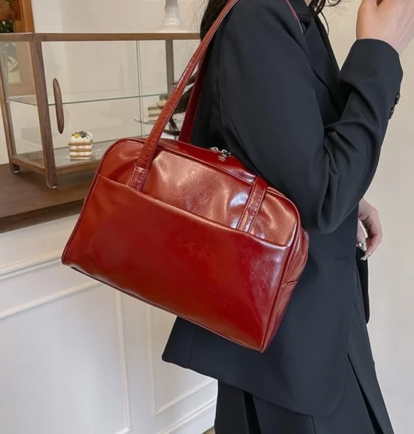 Korean Style Boston Shoulder Bag Solid Color Underarm Bag Pu Leather Tote Bag Large Capacity Square Women's Handbag Girls