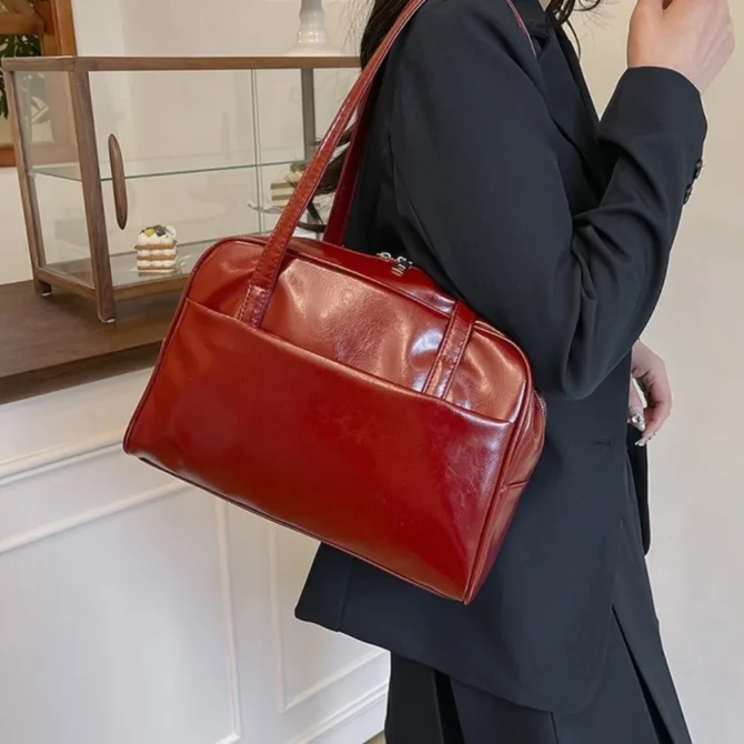 Korean Style Boston Shoulder Bag Solid Color Underarm Bag Pu Leather Tote Bag Large Capacity Square Women's Handbag Girls