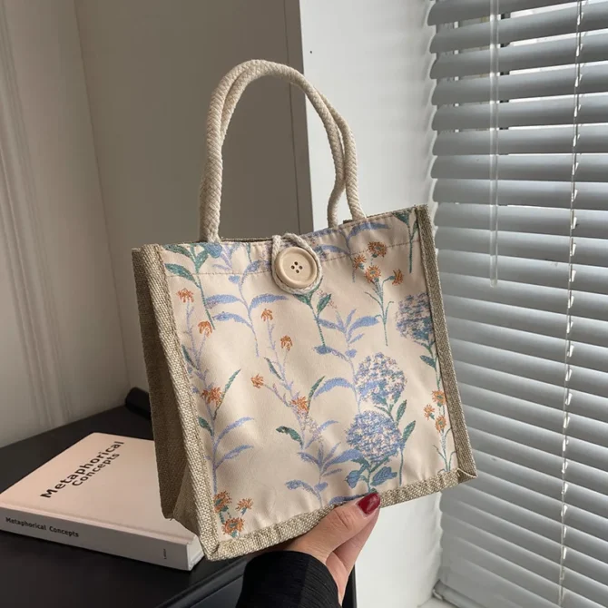 Linen Tote Bag Storage Bag Lunch Pouch Tote Bag Handbag Bento Bag Button Clasp Cute Flower Printing Picnic Food Bento Bag