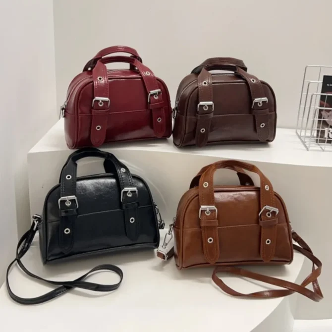 Fashion Vintage Buckle Shoulder Bag Mini PU Leather Boston Crossbody Bags Designer Luxury Women’s Handbag Spicy Girls