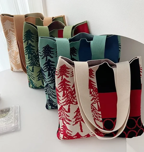 Large Capacity Knit Handbag Women Fashion Shoulder-bag Casual Color Wide Stripe Plaid Tote Bag Student Reusable Shopping Bag