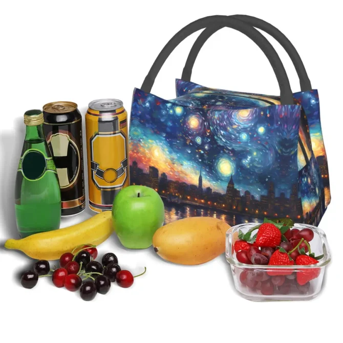 Starry Night Print Lunch Bag Boston Skyline Portable Lunch Box Travel Graphic Design Cooler Bag Fun Oxford Thermal Lunch Bags