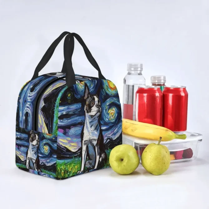 Starry Night Boston Terrier Dog Insulated Lunch Bag Waterproof Thermal Cooler Lunch Box For Women Kids School Picnic Food Tote