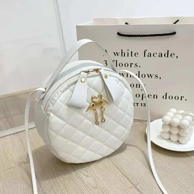 Rhombus Quilted Round Hand Bag, Women's Cross Body Metal Decor Bag, Elegant Shoulder Zipper Purse