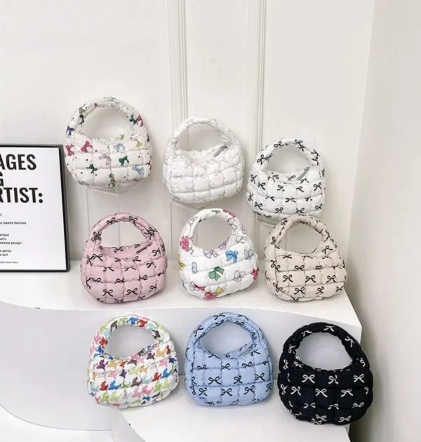 Cute Plaid Bow Handbag Lattice Nylon Cloud Pleated Bag Mini Bag Fold Puffer Underarm Bag Girls