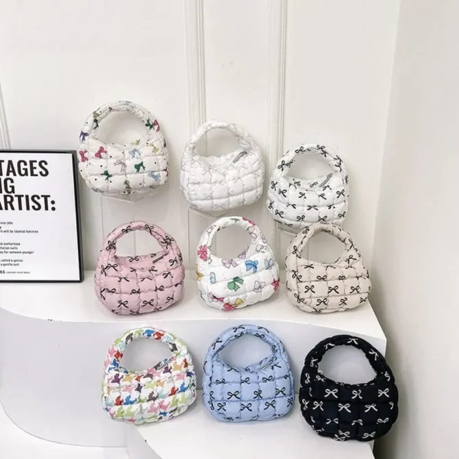 Cute Plaid Bow Handbag Lattice Nylon Cloud Pleated Bag Mini Bag Fold Puffer Underarm Bag Girls