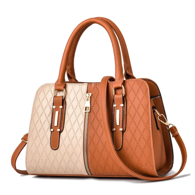 2025 Two-Tone Embossed Boston Bag Women, Geometric PU Leather Tote with Detachable Strap & Multi-Compartments