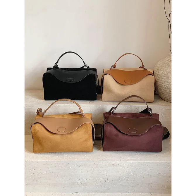 Retro Suede Pillow Bag for Women Solid Soft Frosted Leather Boston Pack Large Capacity Female Commuter Shoulder Bags 2025 New