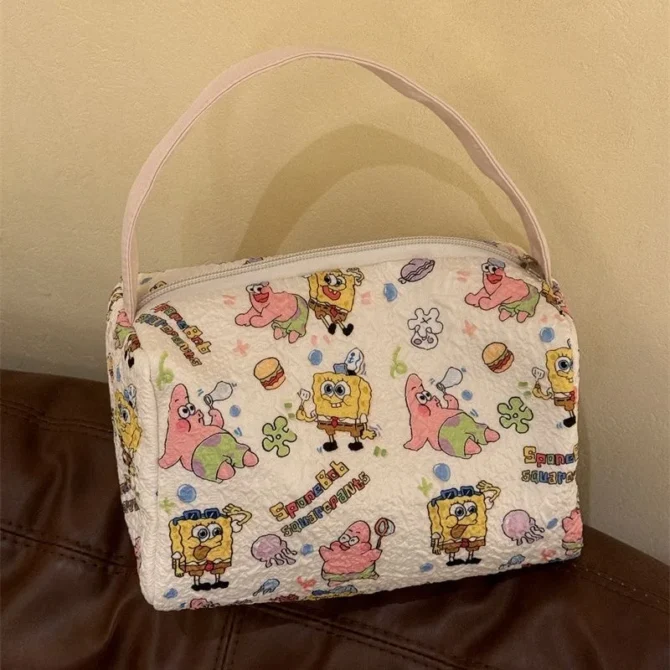 New Spongebob Printed Portable Hand-Held Makeup Bag for Girls Travel Grooming Bag Large Capacity Pillow Bag Girl's Birthday Gift