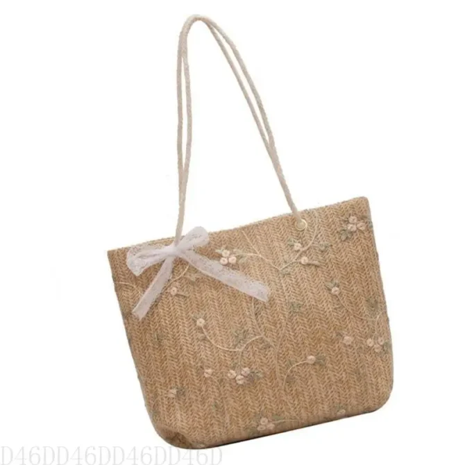 D46D Elegant Straw Woven Shoulder Bag with Delicate Lace Bowknot Flower Embroidery Large Capacity Handbag Beach Shopper Bag