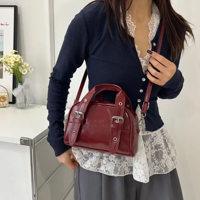 Fashion Vintage Buckle Shoulder Bag Mini PU Leather Boston Crossbody Bags Designer Luxury Women’s Handbag Spicy Girls
