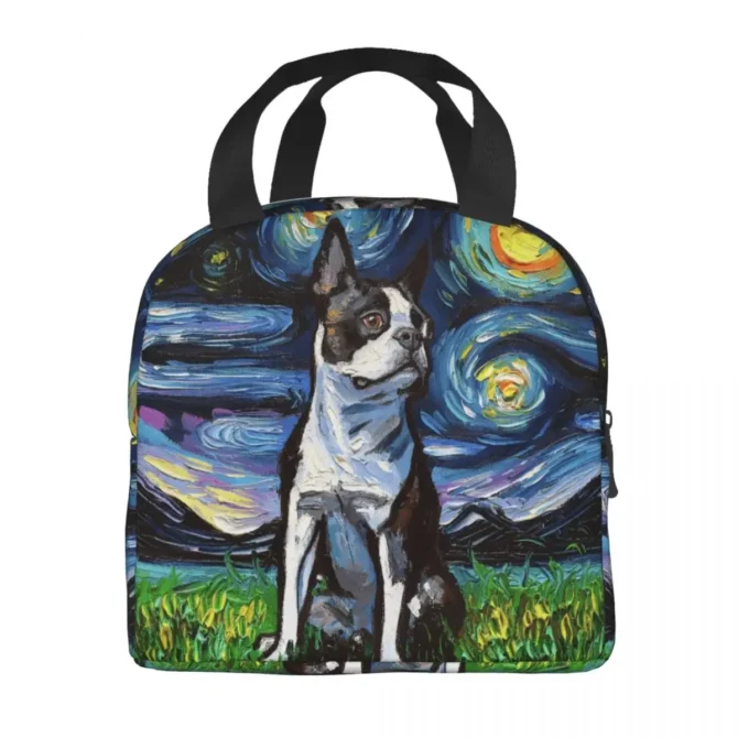 Starry Night Boston Terrier Dog Insulated Lunch Bag Waterproof Thermal Cooler Lunch Box For Women Kids School Picnic Food Tote