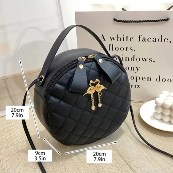 Rhombus Quilted Round Hand Bag, Women's Cross Body Metal Decor Bag, Elegant Shoulder Zipper Purse