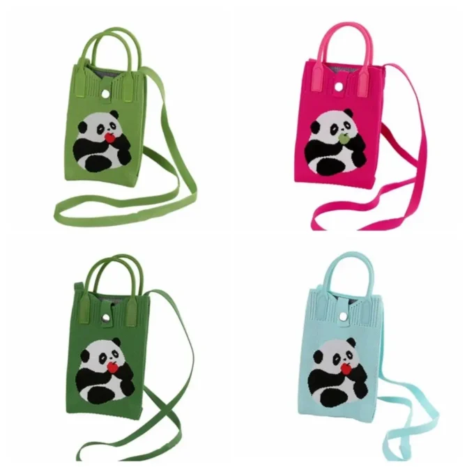Casual Creative Mini Knit Handbag Cartoon Panda Huahua Phone Bag Foldable Large Capacity Knot Wrist Bag Shopping