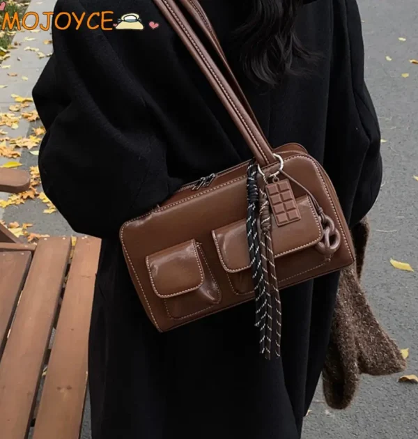 Vintage Faux Leather Women's Tote Handbag Y2K Designer Bag Large Capacity Simple Underarm Bags with Pendant Korean Shoulder Bags