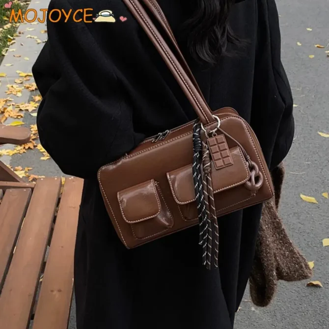 Vintage Faux Leather Women's Tote Handbag Y2K Designer Bag Large Capacity Simple Underarm Bags with Pendant Korean Shoulder Bags