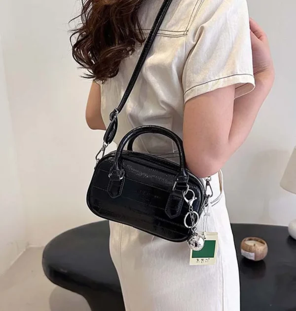 Messenger Bag PU Leather Boston Handbag Waterproof Korean Style Bowling Bag Texture Alloy Ball Ornament Small Square Bag School