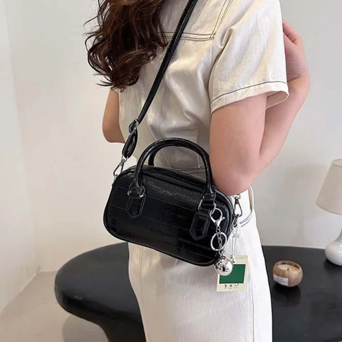 Messenger Bag PU Leather Boston Handbag Waterproof Korean Style Bowling Bag Texture Alloy Ball Ornament Small Square Bag School