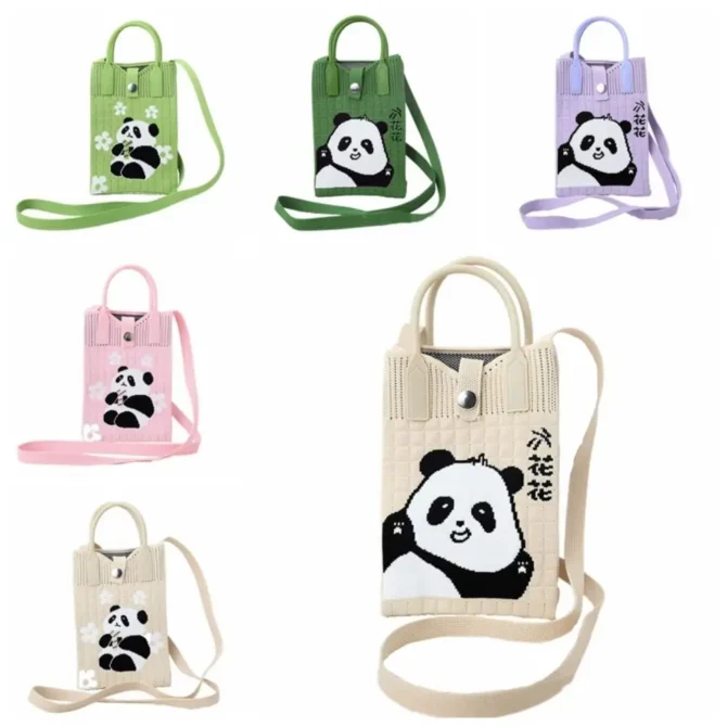 Casual Creative Mini Knit Handbag Cartoon Panda Huahua Phone Bag Foldable Large Capacity Knot Wrist Bag Shopping
