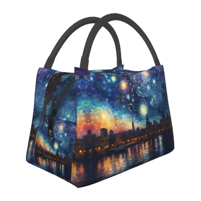 Starry Night Print Lunch Bag Boston Skyline Portable Lunch Box Travel Graphic Design Cooler Bag Fun Oxford Thermal Lunch Bags