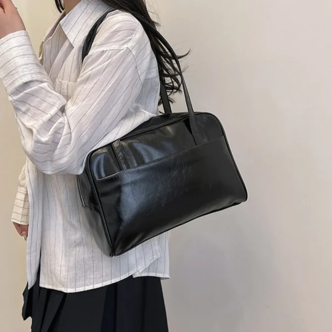 Korean Style Boston Shoulder Bag Solid Color Underarm Bag Pu Leather Tote Bag Large Capacity Square Women's Handbag Girls