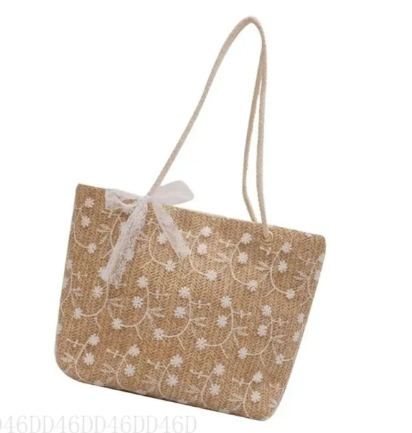 D46D Elegant Straw Woven Shoulder Bag with Delicate Lace Bowknot Flower Embroidery Large Capacity Handbag Beach Shopper Bag