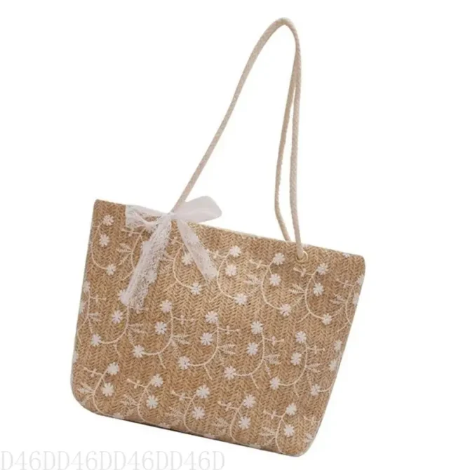 D46D Elegant Straw Woven Shoulder Bag with Delicate Lace Bowknot Flower Embroidery Large Capacity Handbag Beach Shopper Bag