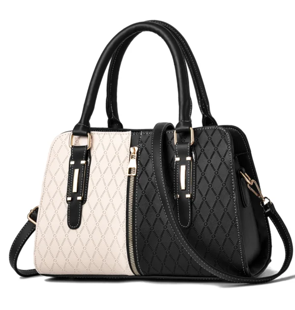 2025 Two-Tone Embossed Boston Bag Women, Geometric PU Leather Tote with Detachable Strap & Multi-Compartments