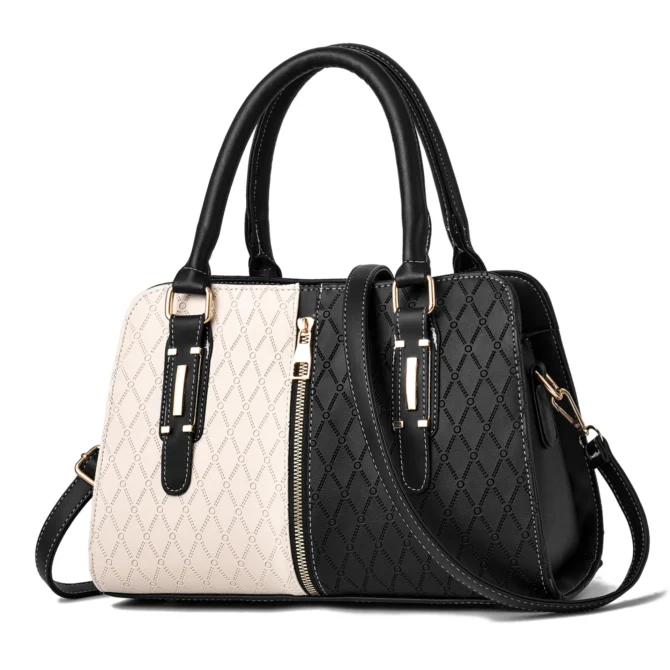 2025 Two-Tone Embossed Boston Bag Women, Geometric PU Leather Tote with Detachable Strap & Multi-Compartments