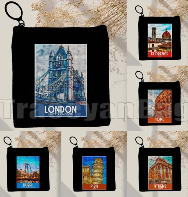 London Pisa Kyiv Rome Santorini Athens Berlin Boston Dubai Dublin Florence Watercolor Painting Coin Purse Key Case Bag Wallet
