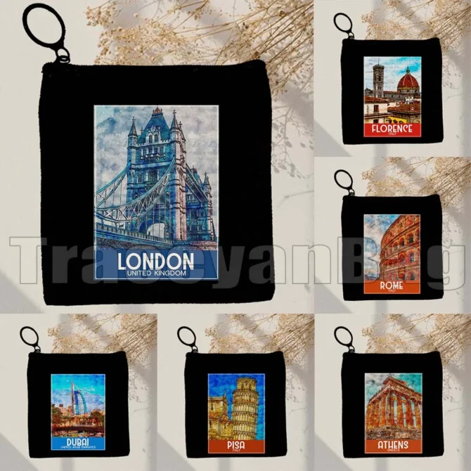 London Pisa Kyiv Rome Santorini Athens Berlin Boston Dubai Dublin Florence Watercolor Painting Coin Purse Key Case Bag Wallet