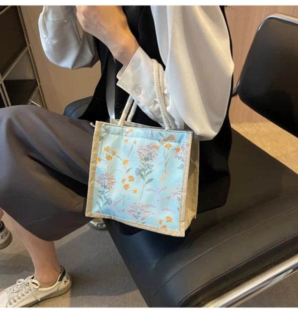 Linen Tote Bag Storage Bag Lunch Pouch Tote Bag Handbag Bento Bag Button Clasp Cute Flower Printing Picnic Food Bento Bag