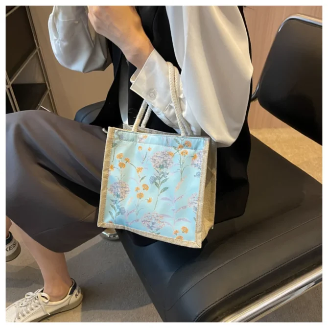 Linen Tote Bag Storage Bag Lunch Pouch Tote Bag Handbag Bento Bag Button Clasp Cute Flower Printing Picnic Food Bento Bag