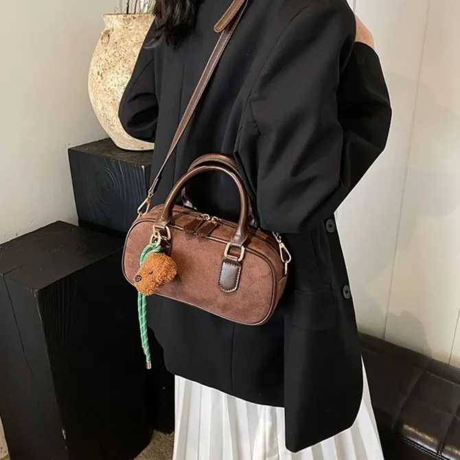 Elegant PU Leather PU Bowling Bag Solid Color Handbag Boston Bag Large Capacity Korean Style Shoulder Bag Outdoor