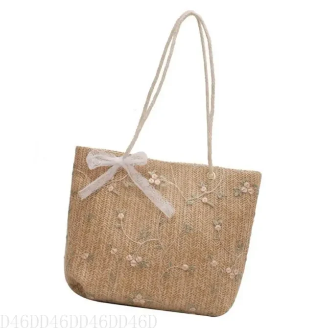 D46D Elegant Straw Woven Shoulder Bag with Delicate Lace Bowknot Flower Embroidery Large Capacity Handbag Beach Shopper Bag