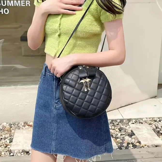 Rhombus Quilted Round Hand Bag, Women's Cross Body Metal Decor Bag, Elegant Shoulder Zipper Purse