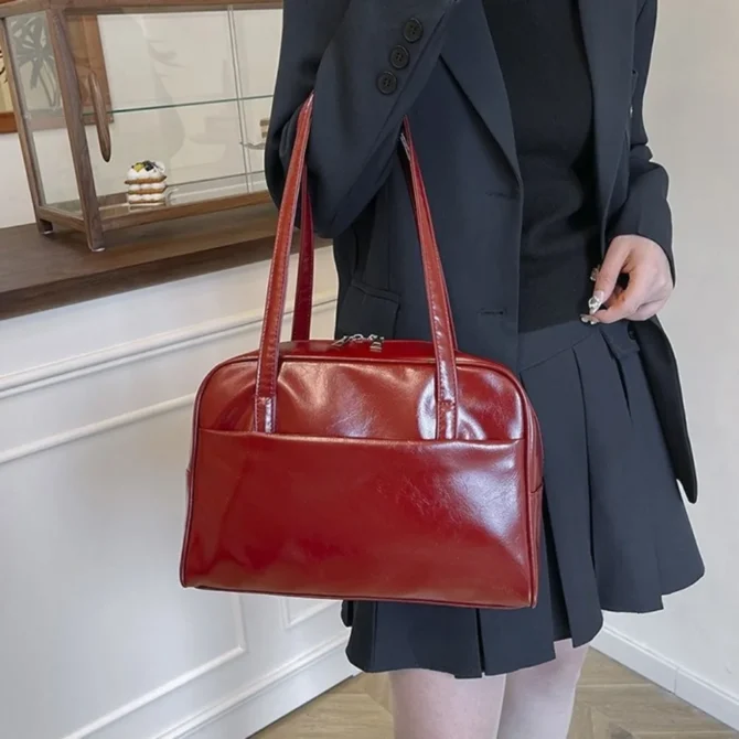 Korean Style Boston Shoulder Bag Solid Color Underarm Bag Pu Leather Tote Bag Large Capacity Square Women's Handbag Girls
