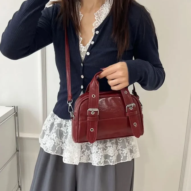 Fashion Vintage Buckle Shoulder Bag Mini PU Leather Boston Crossbody Bags Designer Luxury Women’s Handbag Spicy Girls