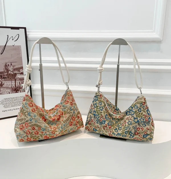 Vintage Flower Print Underarm Bag Large Capacity Fashion Women's Simple Multi-functional Canvas Shoulder Bag Casual Bag