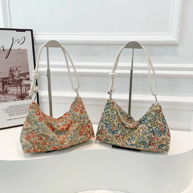 Vintage Flower Print Underarm Bag Large Capacity Fashion Women's Simple Multi-functional Canvas Shoulder Bag Casual Bag
