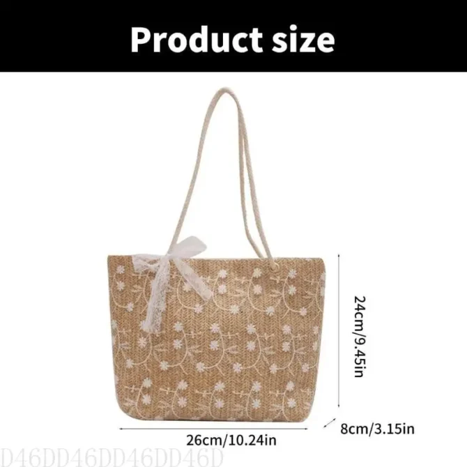 D46D Elegant Straw Woven Shoulder Bag with Delicate Lace Bowknot Flower Embroidery Large Capacity Handbag Beach Shopper Bag
