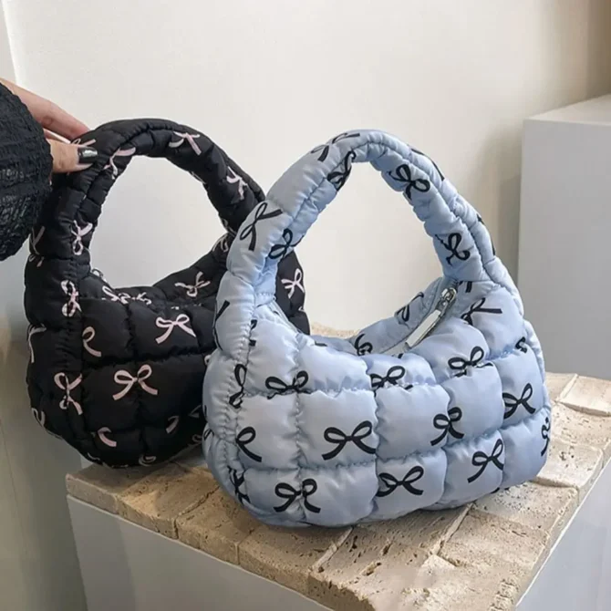 Cute Plaid Bow Handbag Lattice Nylon Cloud Pleated Bag Mini Bag Fold Puffer Underarm Bag Girls