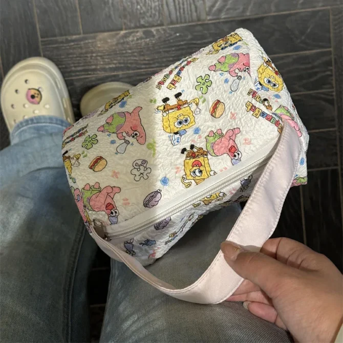 New Spongebob Printed Portable Hand-Held Makeup Bag for Girls Travel Grooming Bag Large Capacity Pillow Bag Girl's Birthday Gift