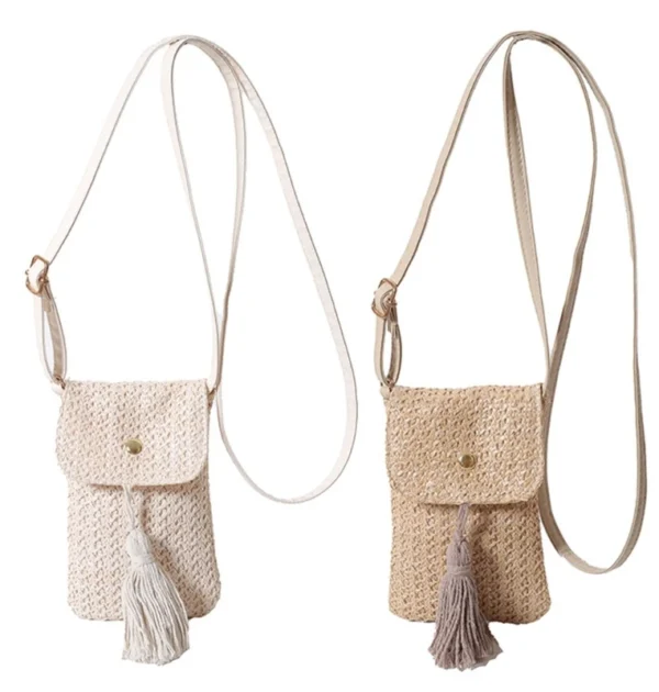 Fashionable Woven Straw Shoulder Phone Bag for Women Elegant Tassels Crossbody Purse Vertical Bag for Beach Holiday