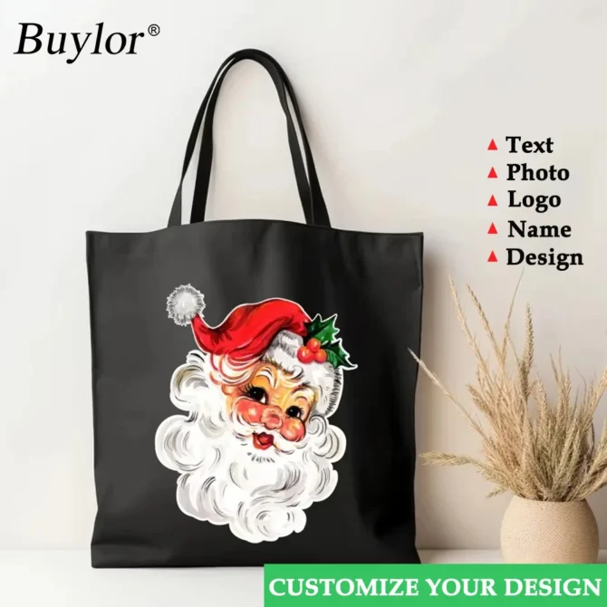 Buylor Personalized Customized Merry Christmas Canvas Bags Custom Name Gift Shopper Bag Santa Present Sacks for Kids Tote Bag