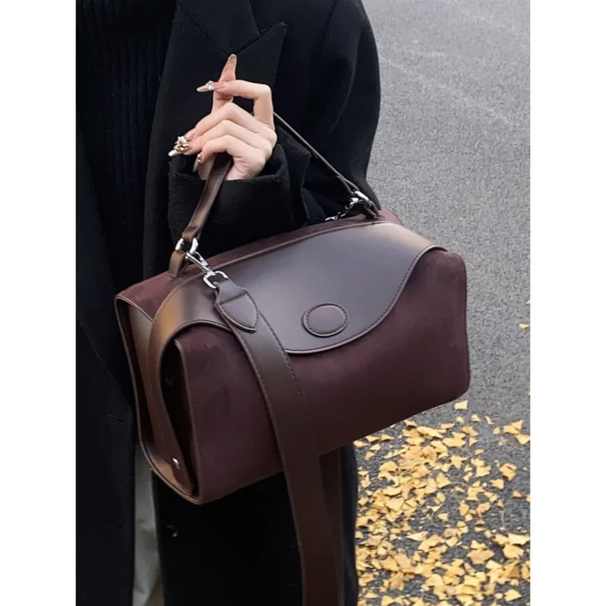 Retro Suede Pillow Bag for Women Solid Soft Frosted Leather Boston Pack Large Capacity Female Commuter Shoulder Bags 2025 New