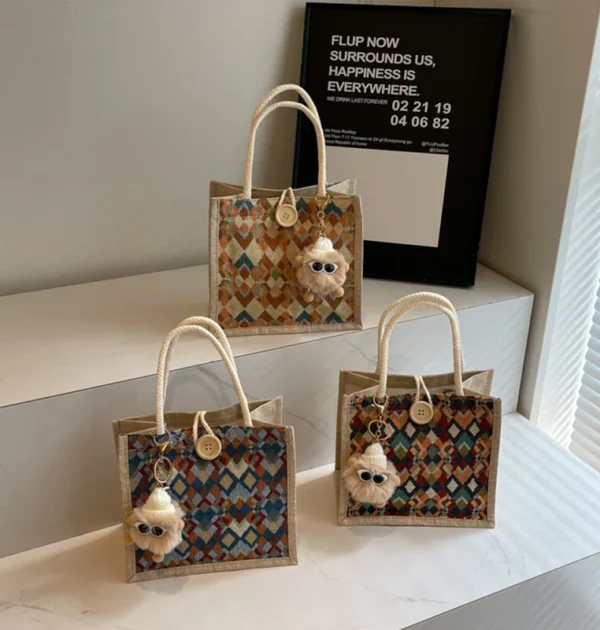 New Linen Diamond Pattern Tote Bag Large Capacity Jute Tote Bag Portable Bento Bag Imitation Linen Shopping Bag Organizer Bag